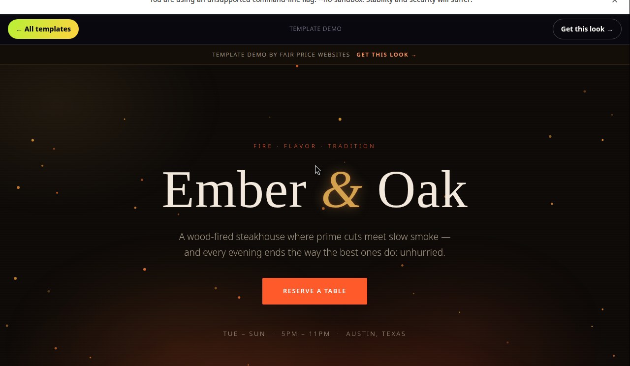 Ember & Oak template — dark, moody steakhouse homepage with ember glow and a reserve-a-table button