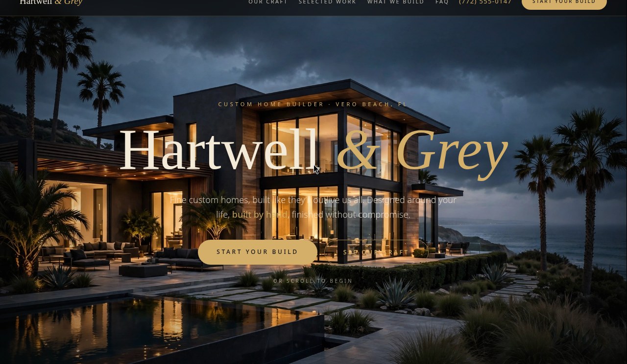 Hartwell & Grey template — cinematic scroll-story home builder homepage in black and gold