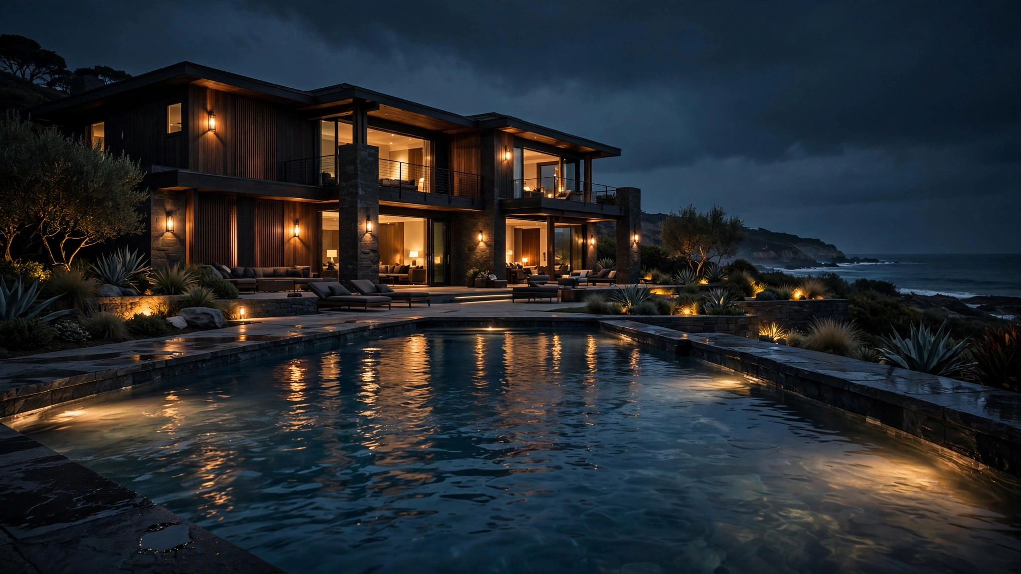 Modern coastal luxury residence at dusk