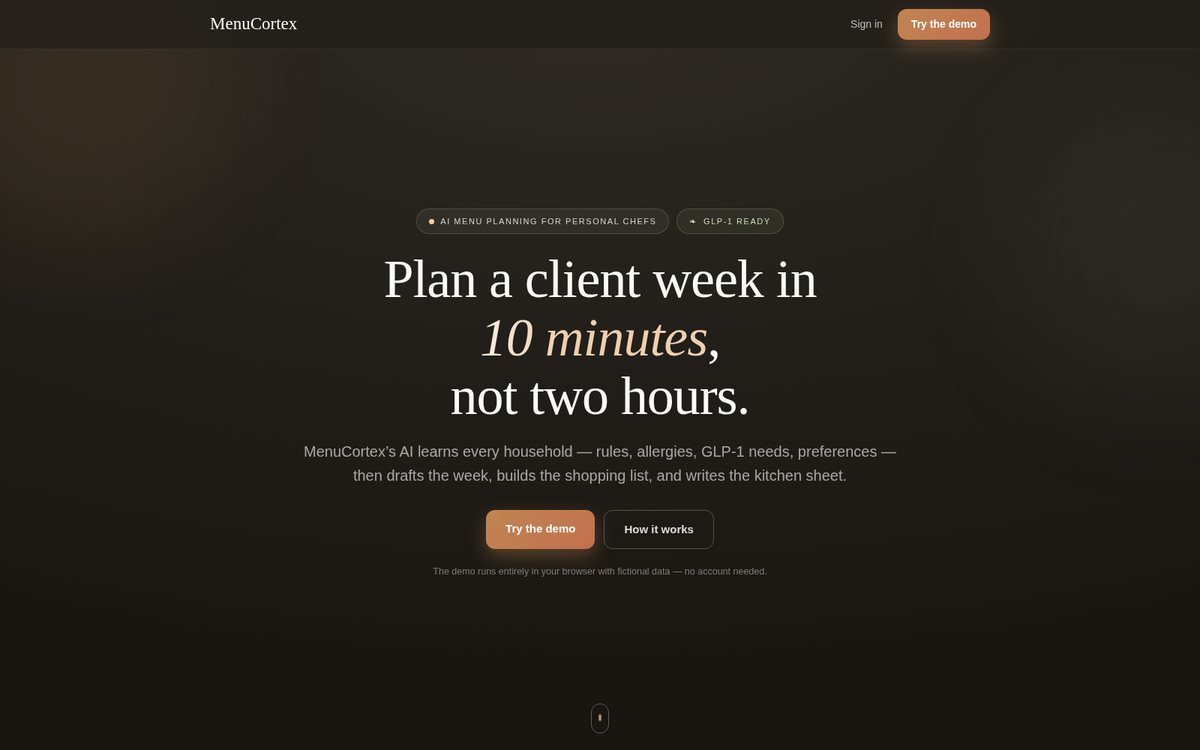 MenuCortex homepage screenshot